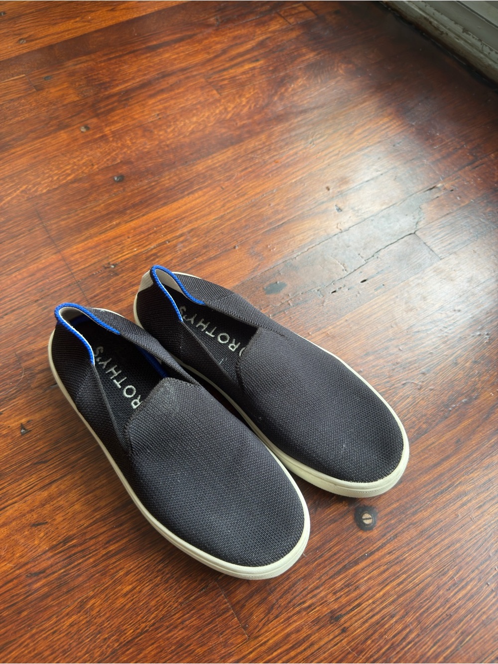 Rothy's Black Knit Kids Slip-On Loafers with Cream Sole and Blue Trim